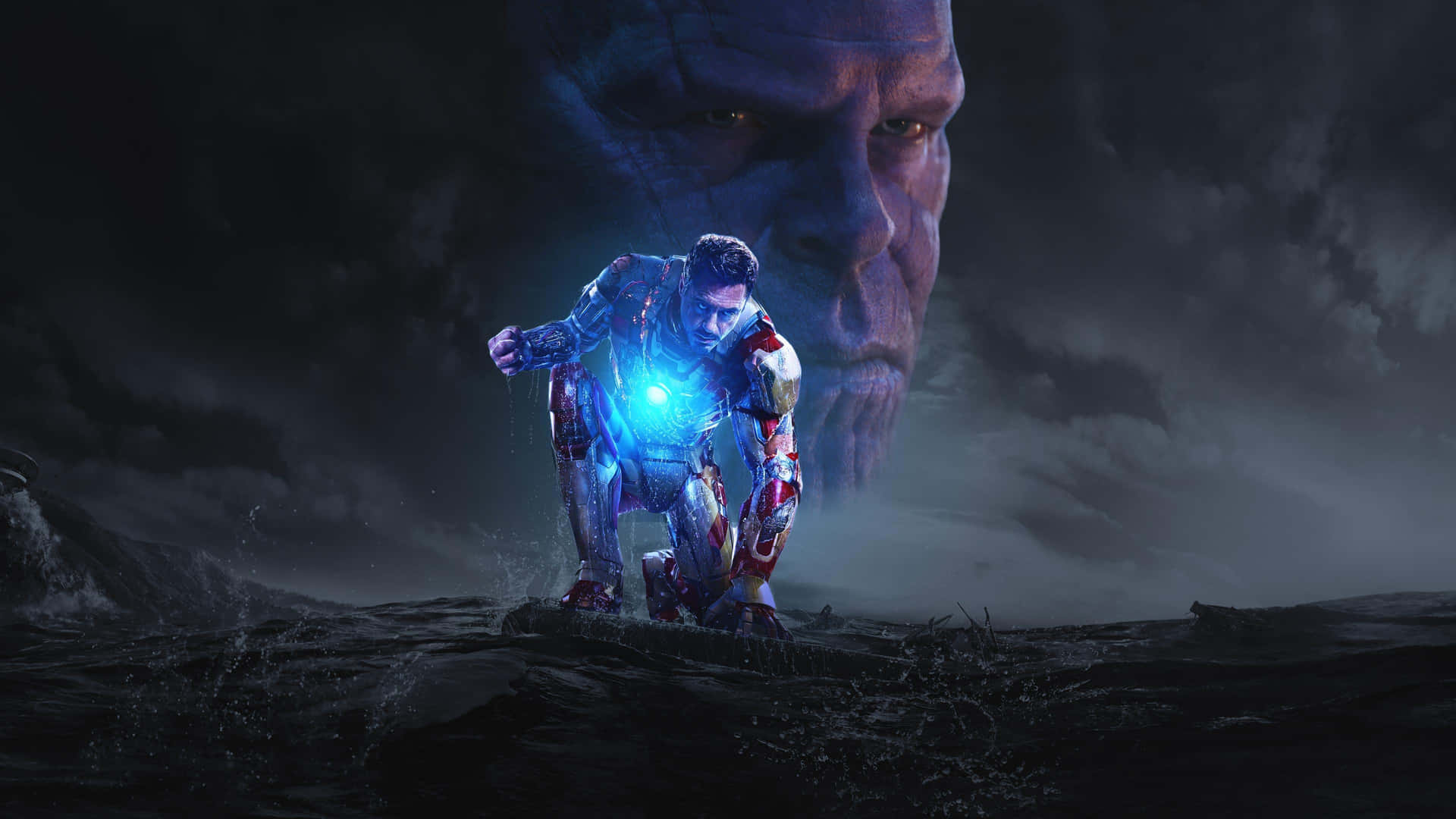 Iron Man and Thanos face off in an epic battle Wallpaper