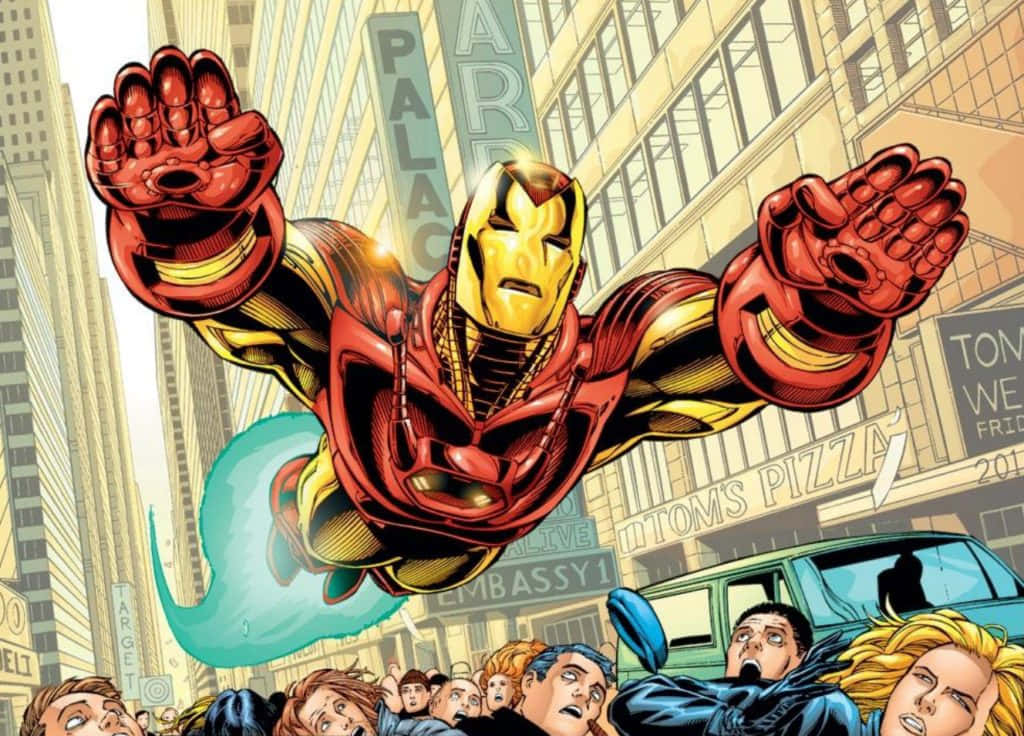 Iron Man flies across the comic book pages Wallpaper
