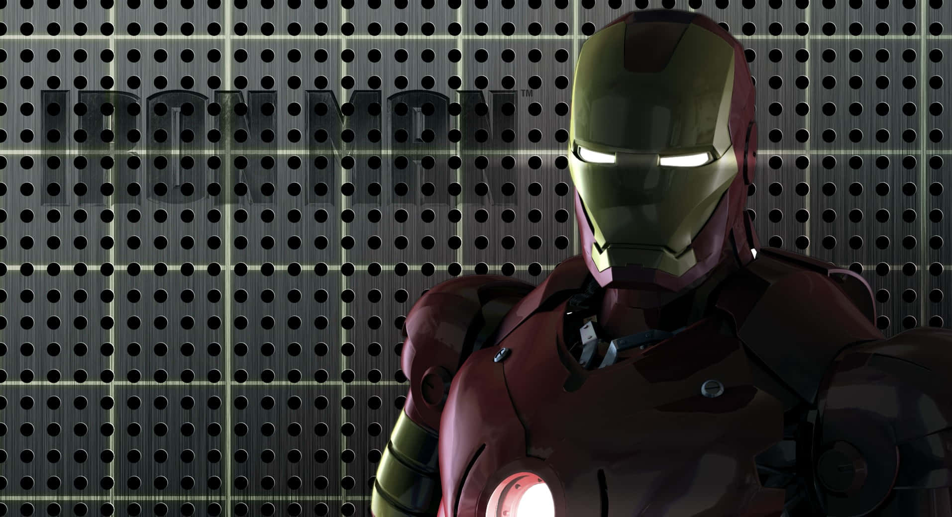 Iron Man flying through a futuristic city Wallpaper