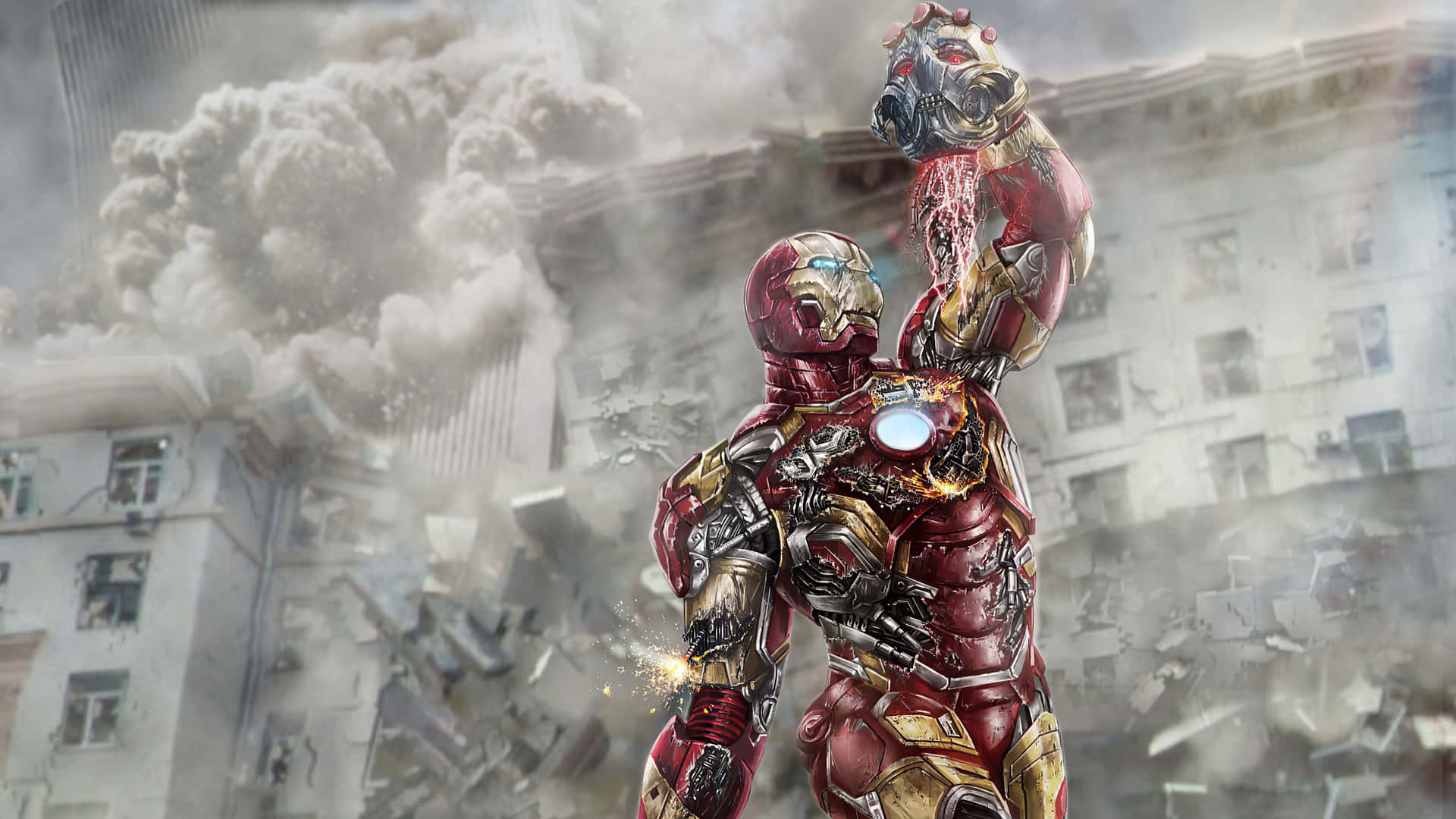 Iron Man Holding Ultron's Head Wallpaper