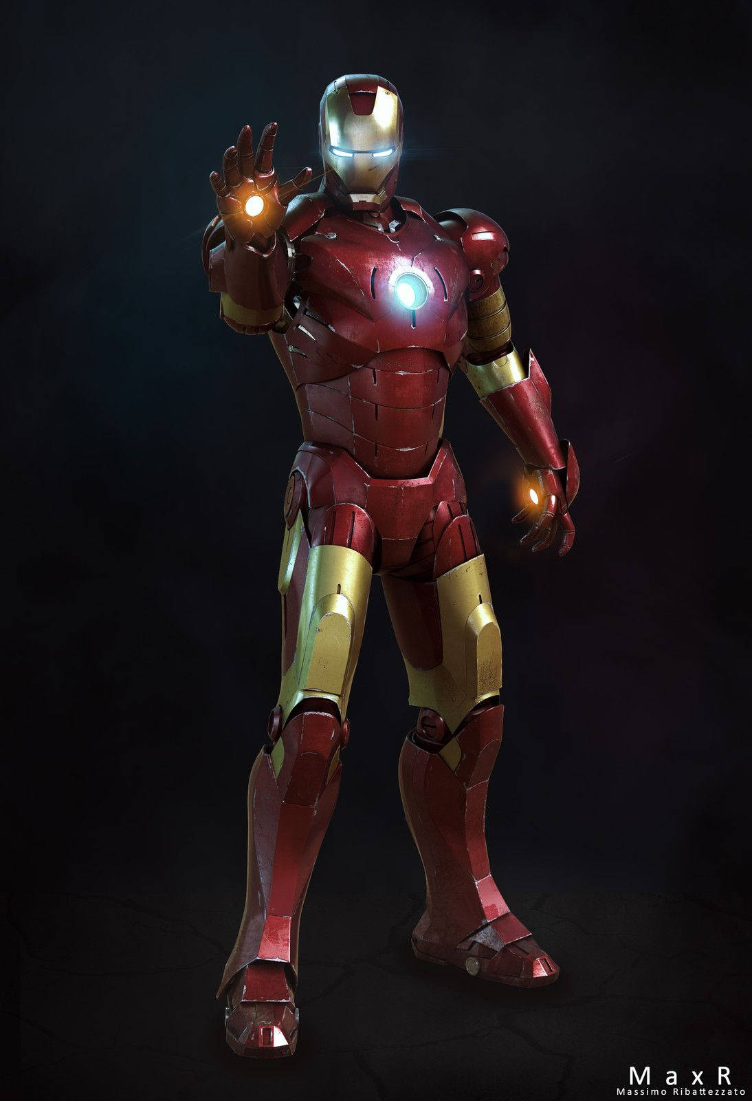 Tony Stark i hans Iron Man Mark 3-dragt står foran en smuk bølget monetær baggrund. Wallpaper