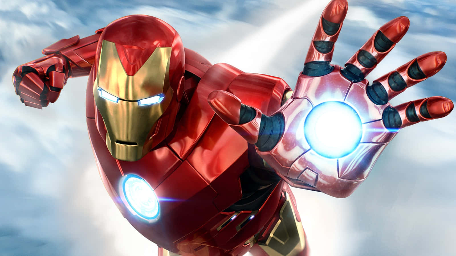Imagende Iron Man Volando En El Cielo Con Mano Brillante.