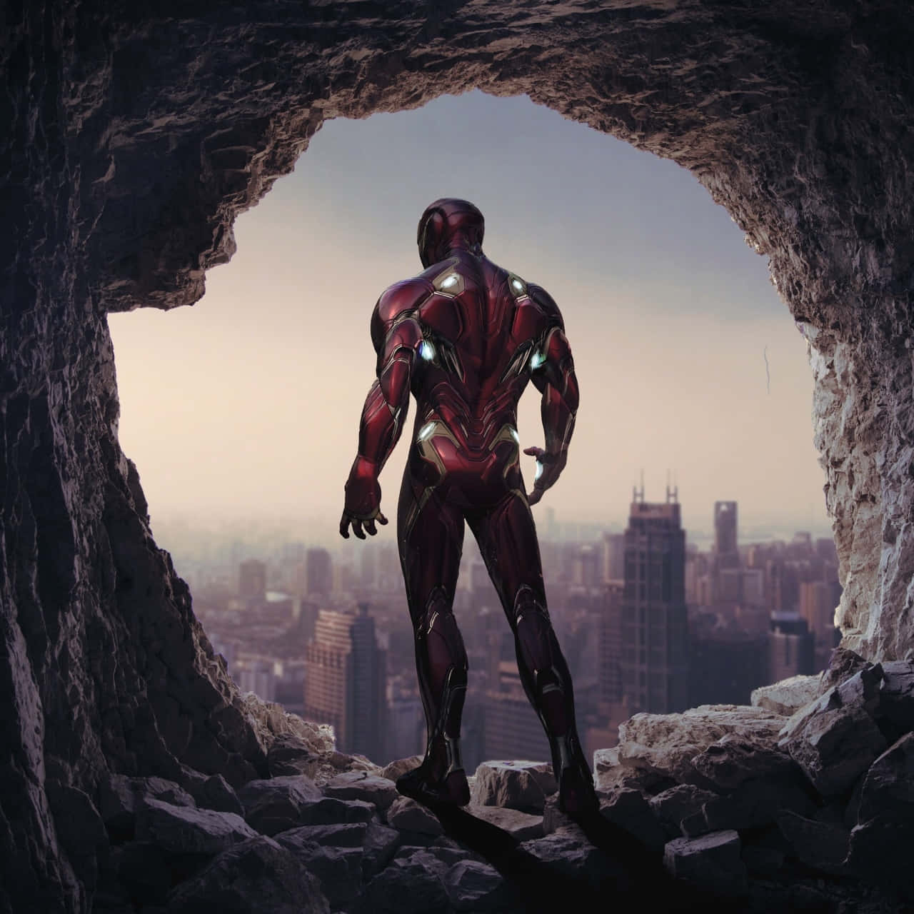 Iron Man Standingin Cave Entrance Wallpaper