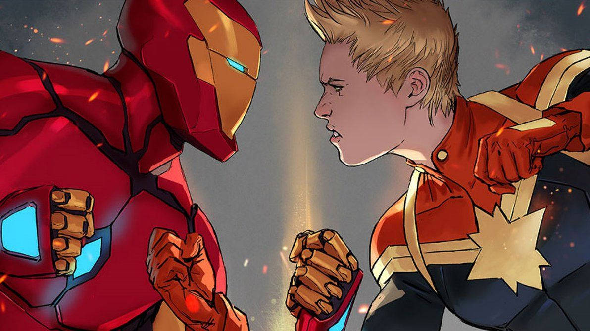 Iron Man and Captain Marvel in a Comic Book Showdown! Wallpaper