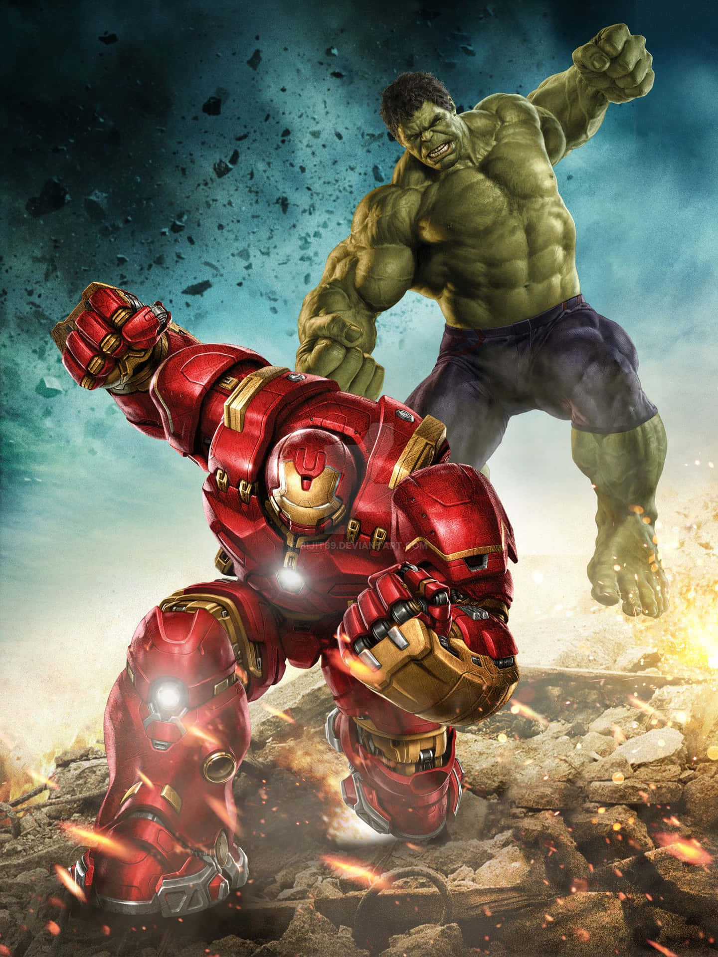 Iron Man and the Hulk face off in an epic battle Wallpaper