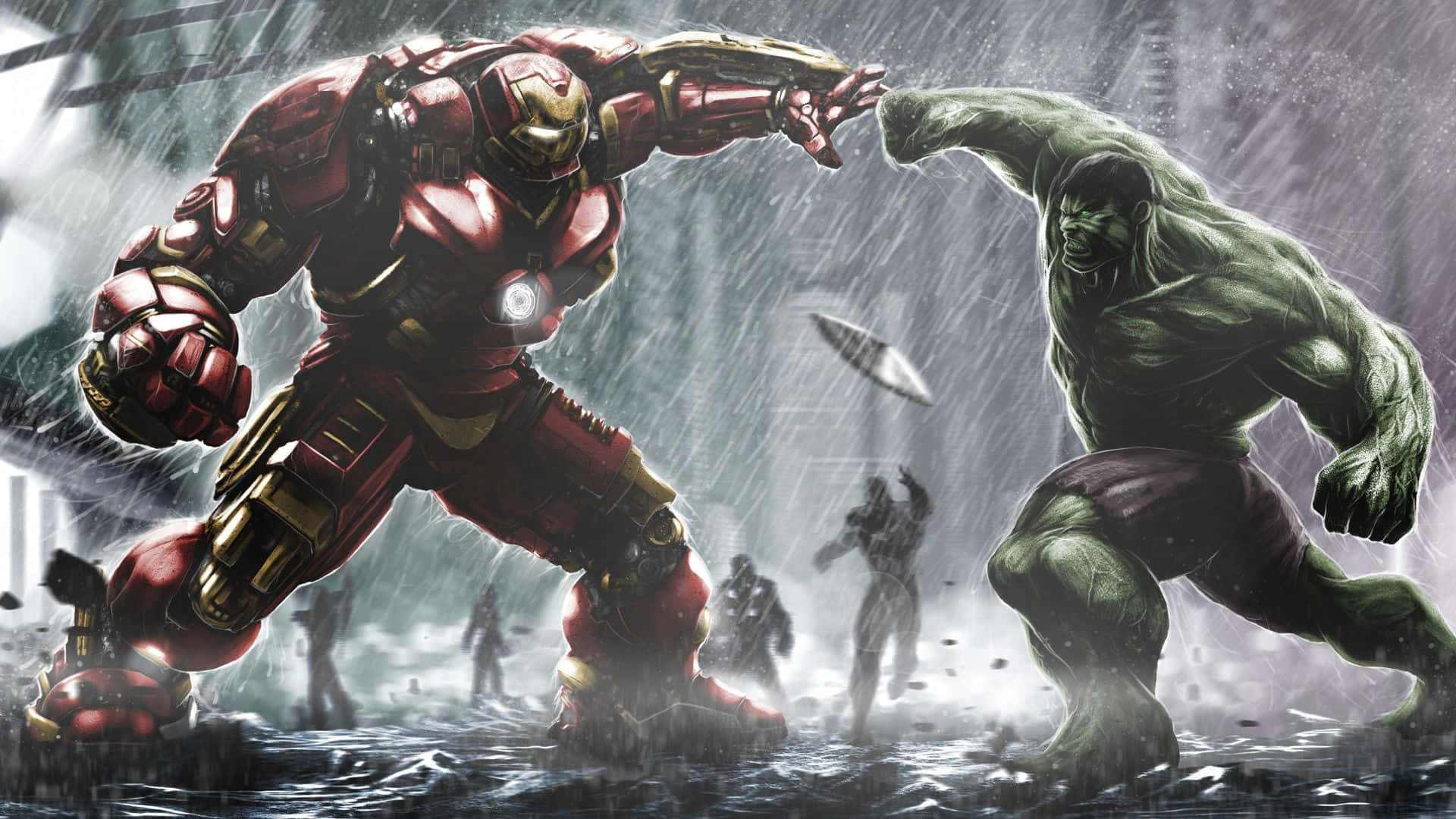 Watch in awe as superheroes Iron Man and Hulk face off. Wallpaper