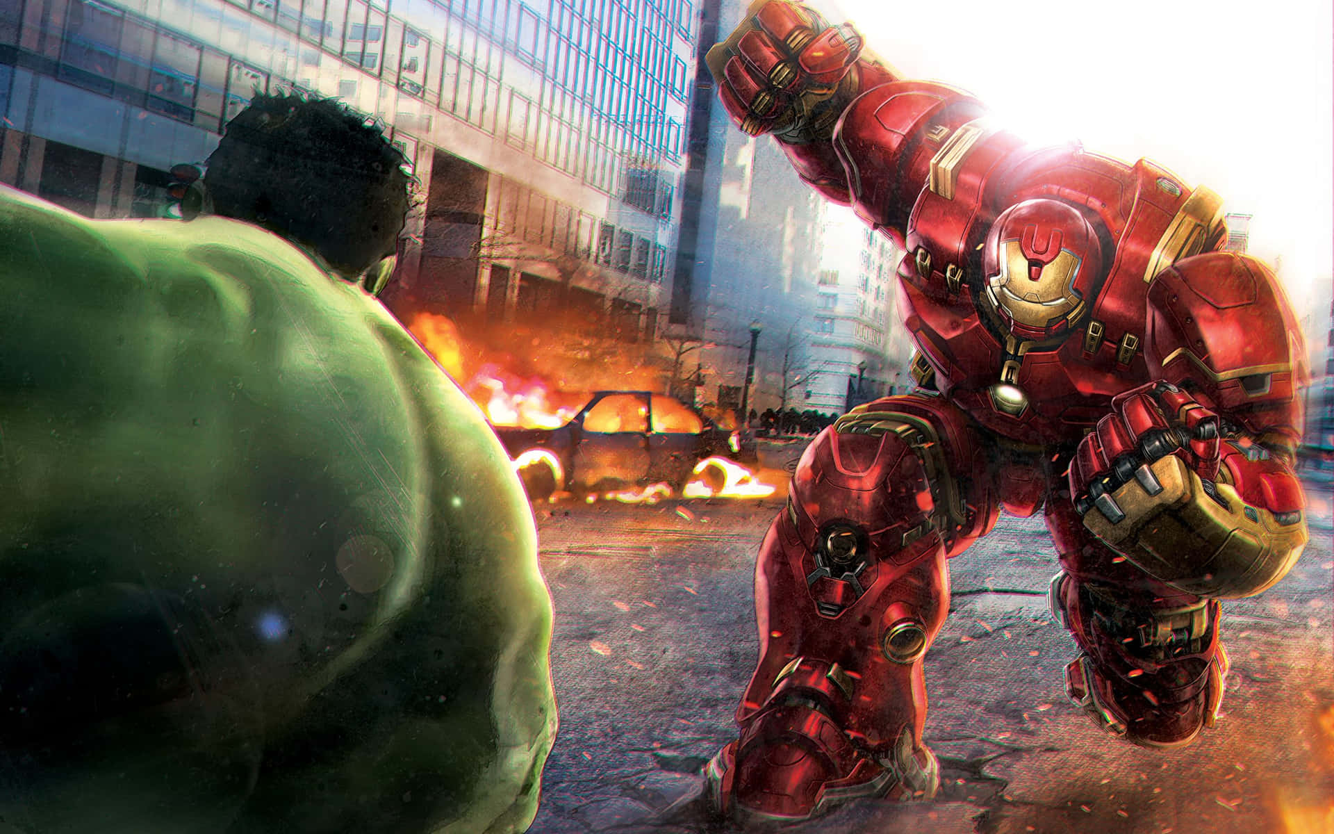 Iron Man and The Hulk Clash in a Marvel Superhero Showdown" Wallpaper