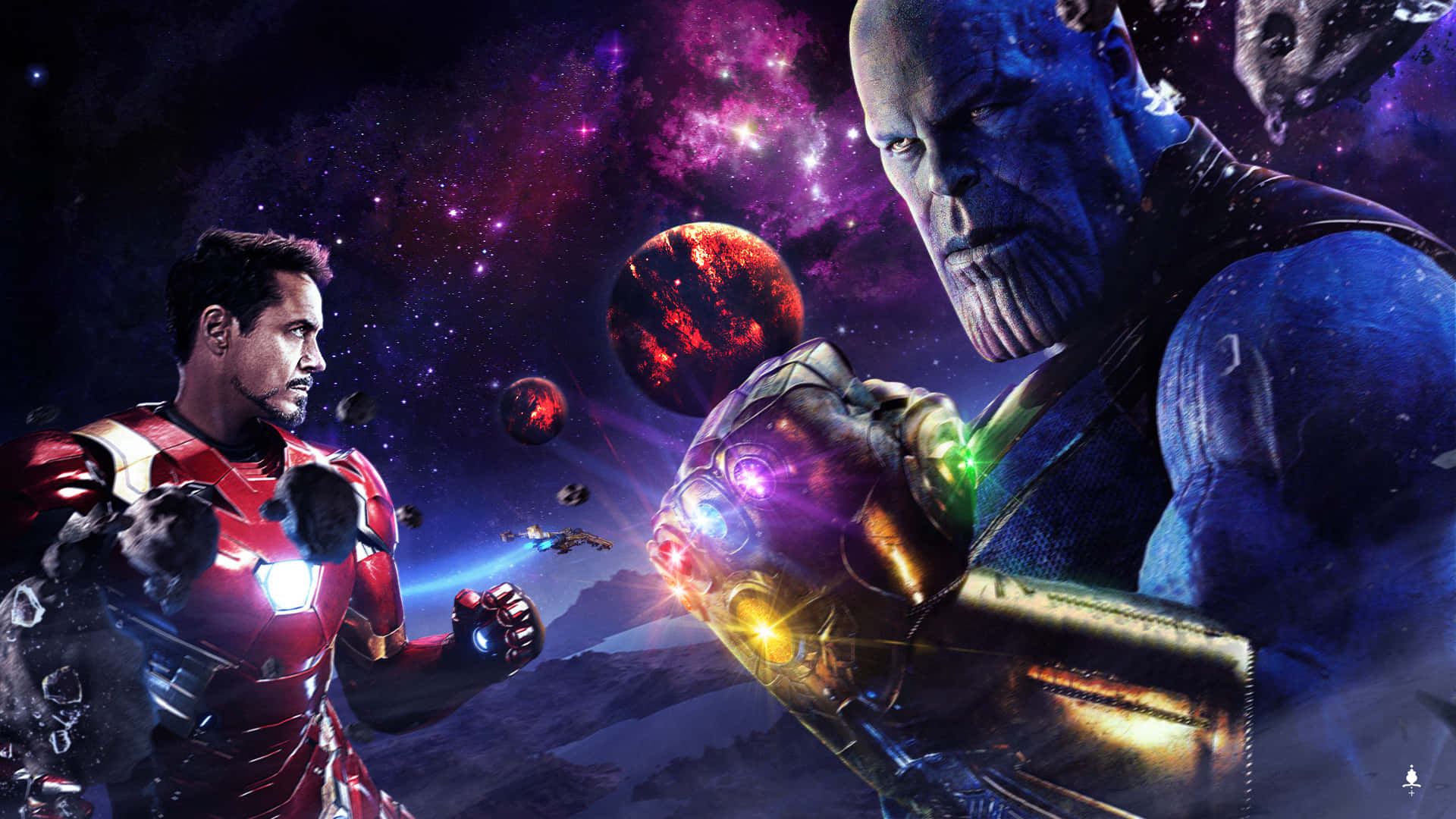 Iron Man battles Thanos for the fate of the universe. Wallpaper