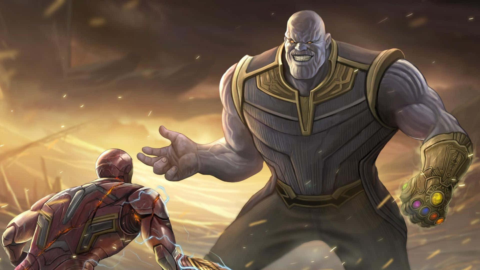“Iron Man and Thanos Engaged in Epic Battle” Wallpaper