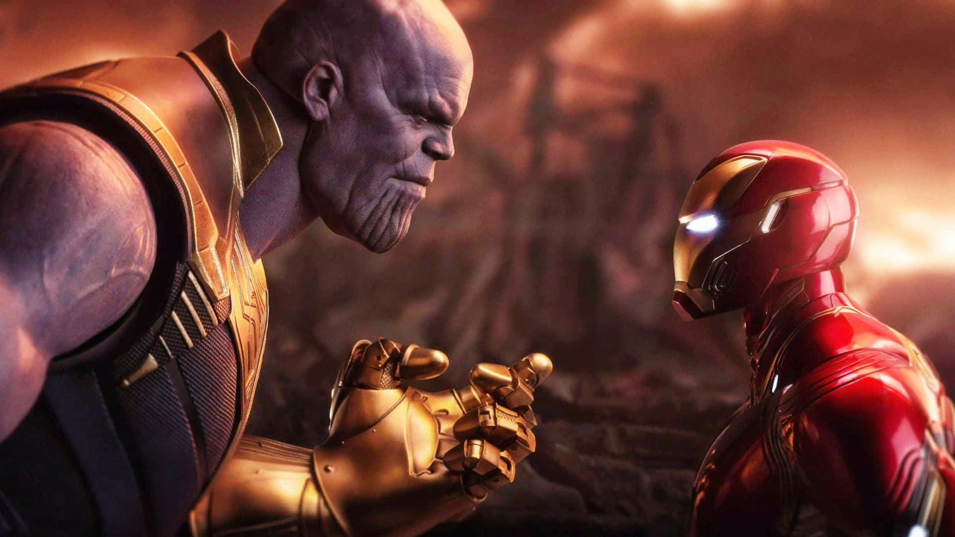Iron Man and Thanos Locked in Epic Battle Wallpaper