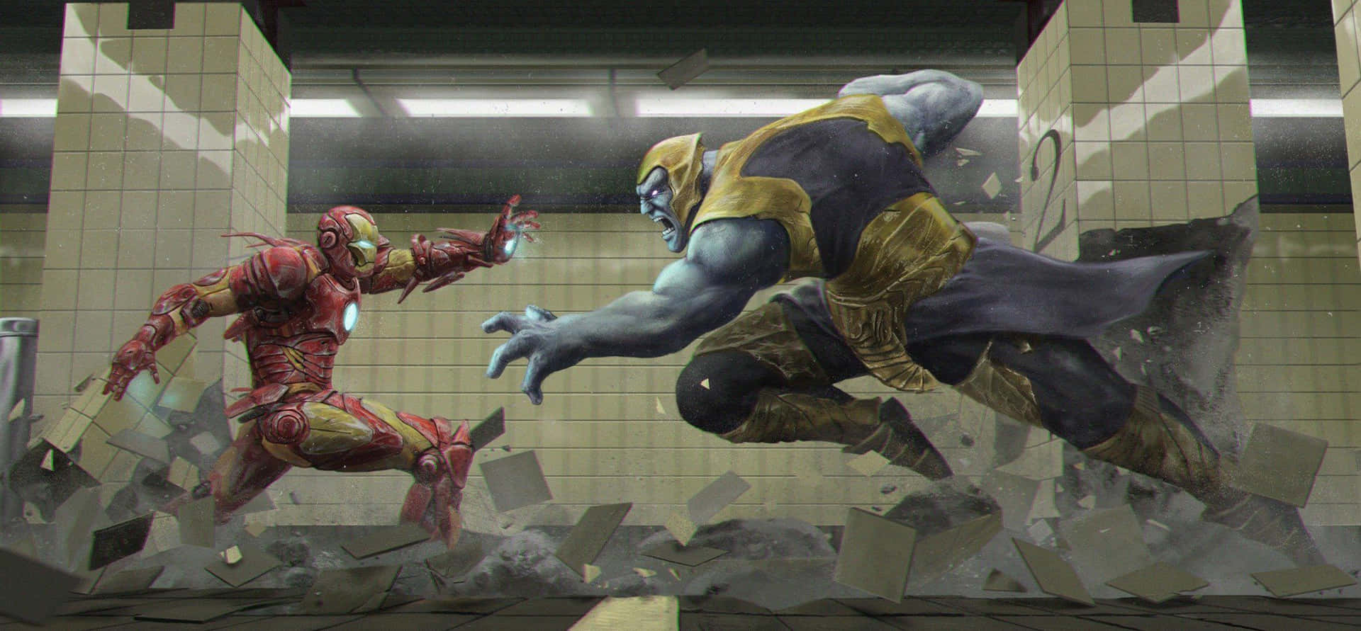 It's the ultimate showdown between Tony Stark's Iron Man and Thanos' quest for intergalactic dominance Wallpaper