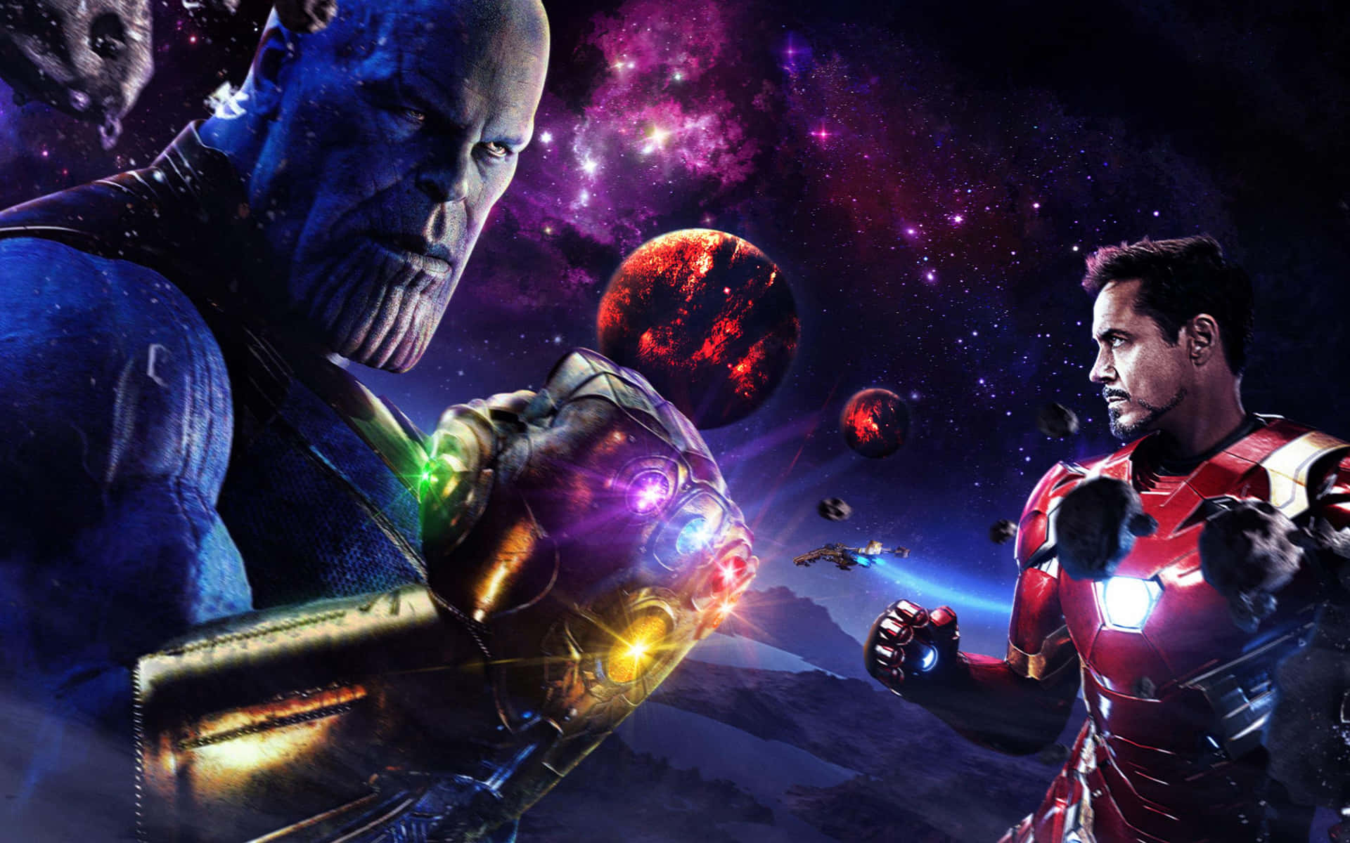 Two of the biggest superheroes in the Marvel Universe, Iron Man and Thanos, face off in an epic clash. Wallpaper