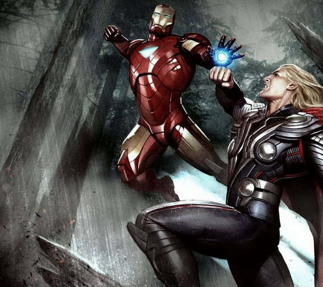 Epic Battle! Iron Man and Thor Clash Wallpaper