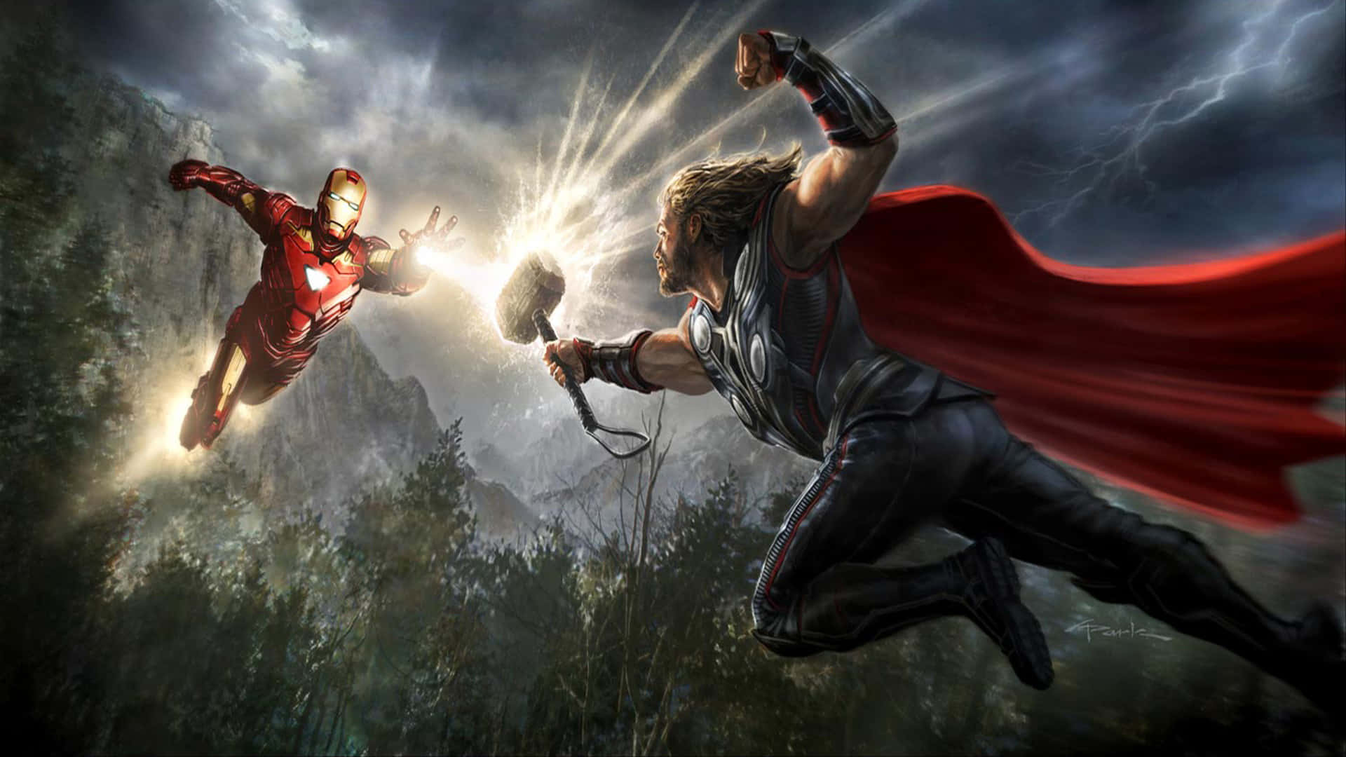 Iron Man and Thor face off in an epic battle Wallpaper
