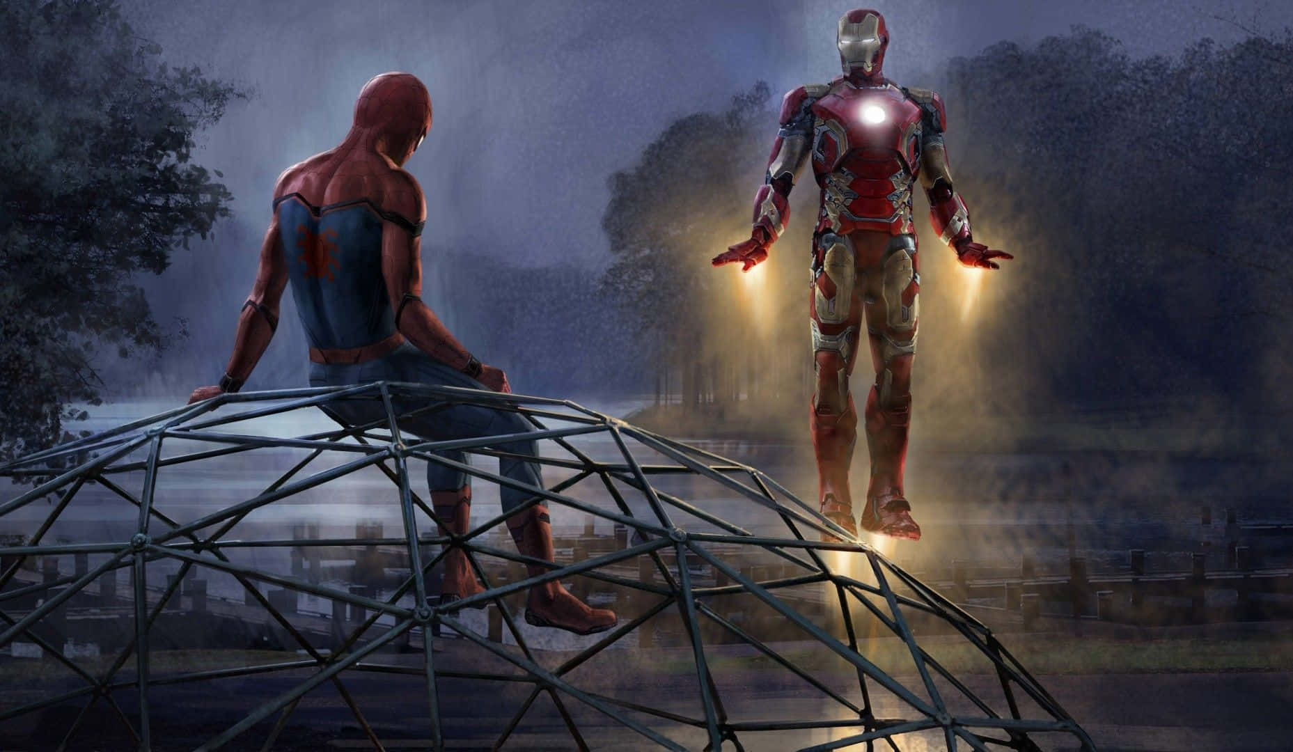 Iron Manand Spider Man Meetingat Night