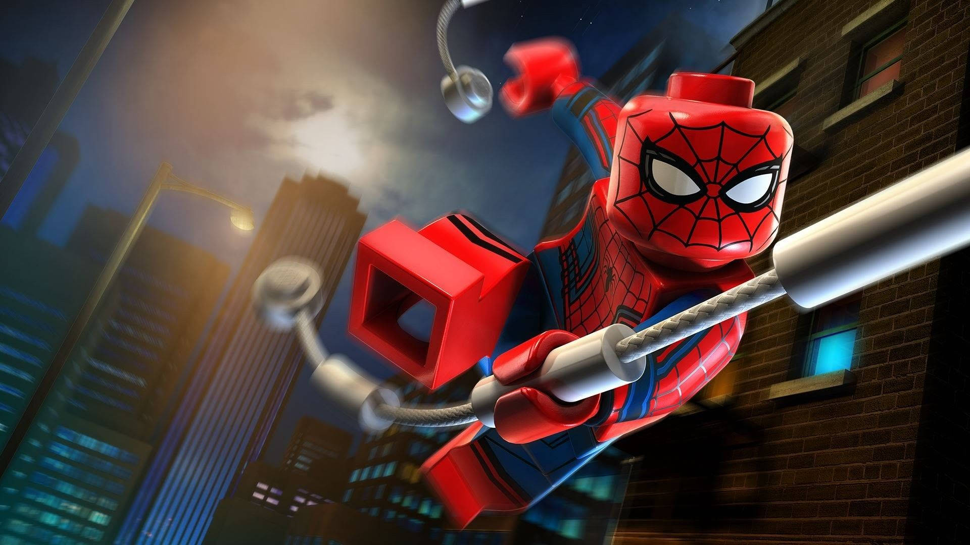 Iron Spiderman Lego Nighttime Cityscape Wallpaper
