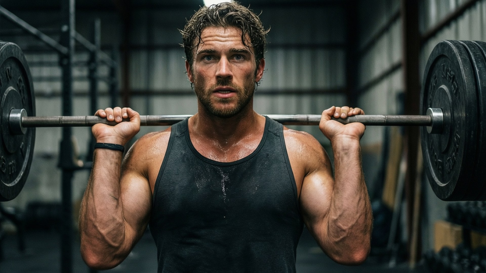 Dacre Montgomery in a gym, working out with intense determination