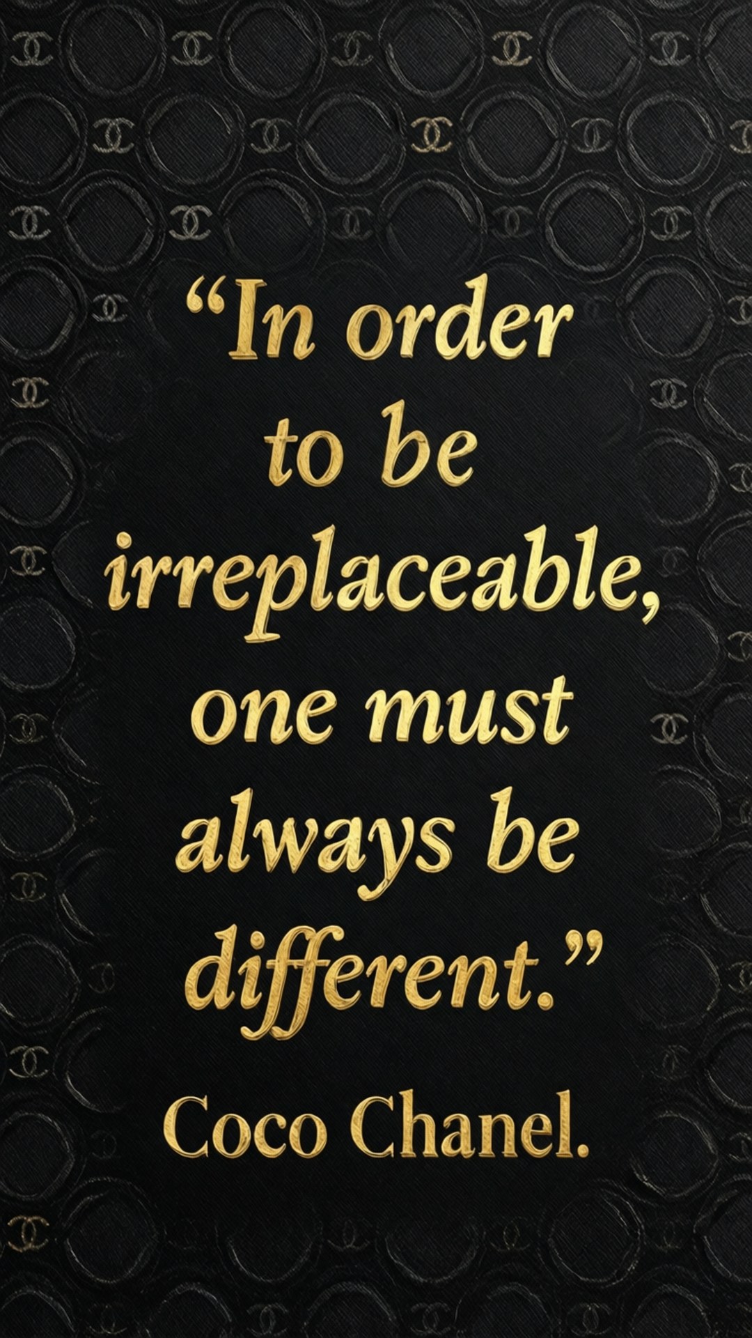Chanel quote gold foil on black textured background