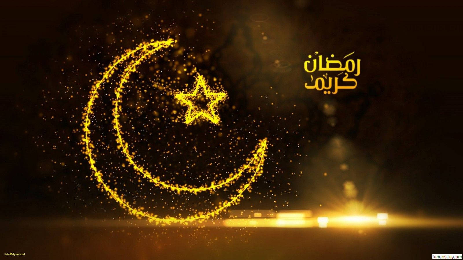 A nighttime view of a crescent moon and star in the Islamic faith Wallpaper
