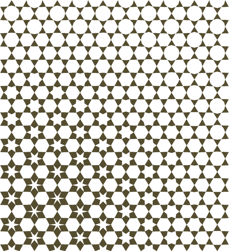 Islamic Geometric Pattern Background PNG — A repeating geometric pattern of black circles hexagons and stars on olive green background.