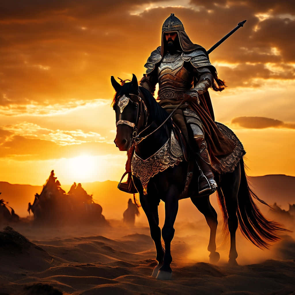 Islamic Warrioron Horsebackat Sunset Wallpaper
