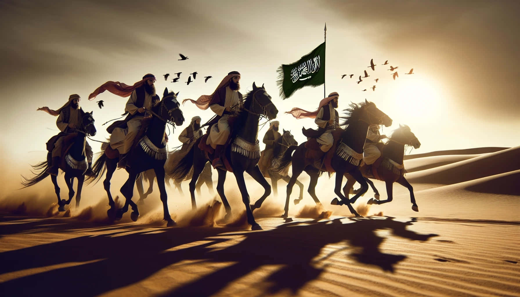 Islamic Warriorson Horseback Charging Through Desert Wallpaper