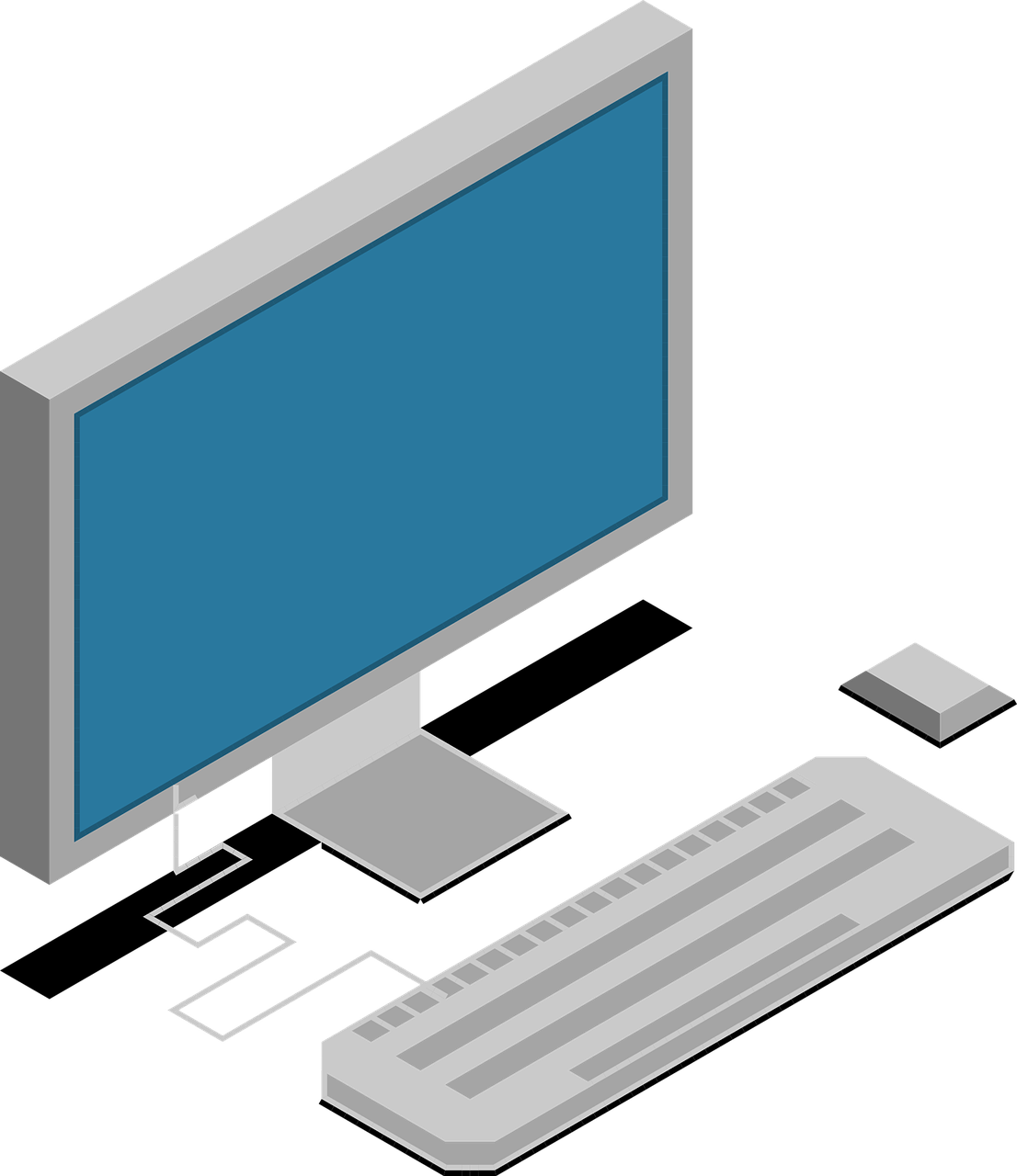 Une illustration isométrique d'une configuration d'ordinateur de bureau avec un moniteur, un clavier, une souris et deux enceintes sur un bureau.