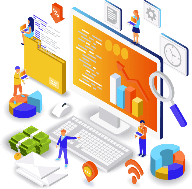 Isometric Data Analysis Concept PNG — Isometric illustration of tiny people interacting with oversized computer equipment and financial charts.