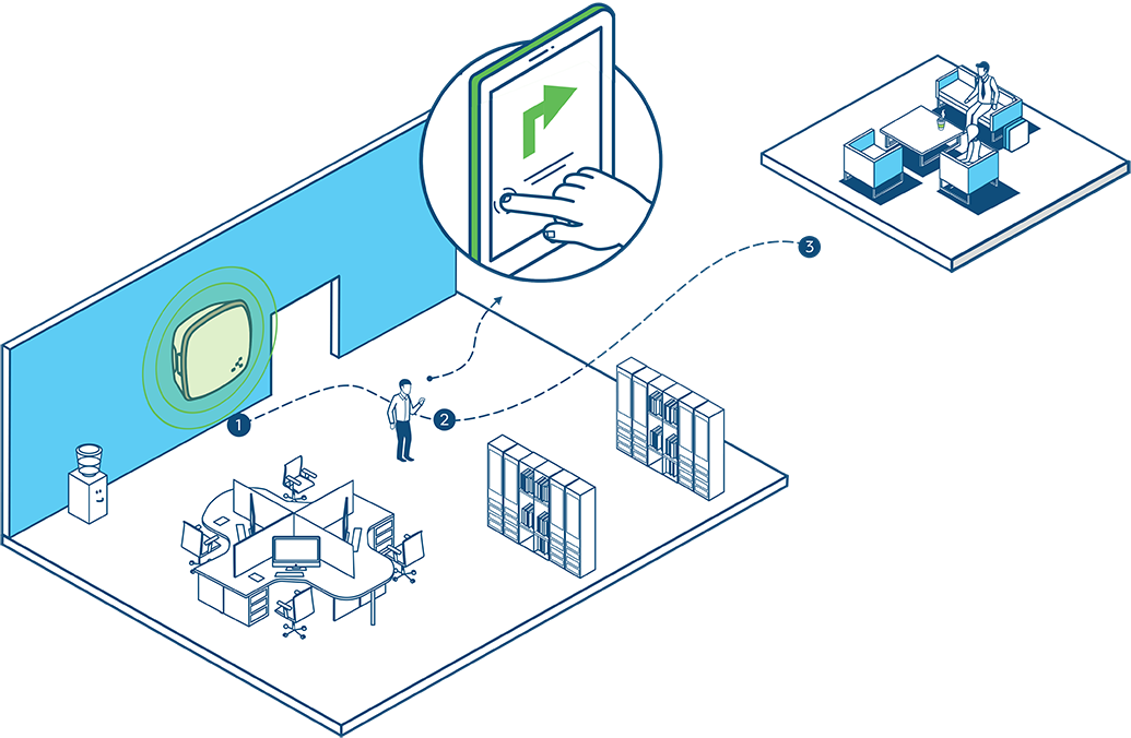 Isometric Navigation Concept Illustration PNG — Isometric illustration of a modern office with a person interacting with a tablet displaying a green upward arrow.