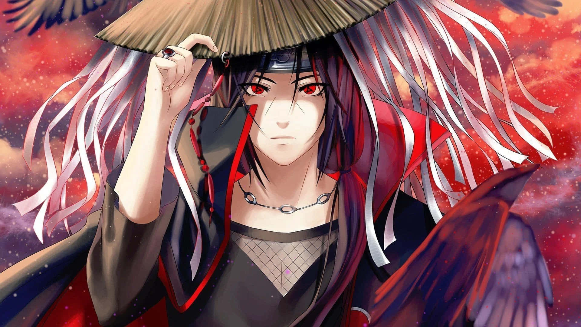 Itachi Aesthetic Holding Conical Straw Hat With Right Hand And Sharingan Eyes Wallpaper