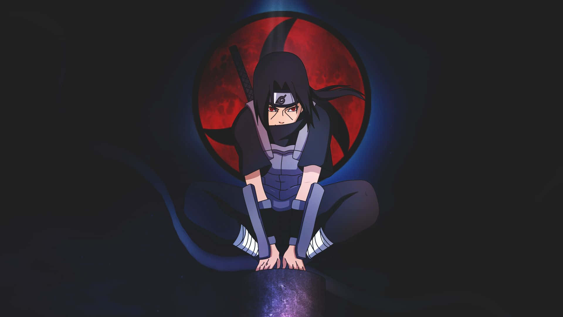 Itachi Aesthetic Looking Down With Frog Seat With Sharingan Eyes In Background Wallpaper