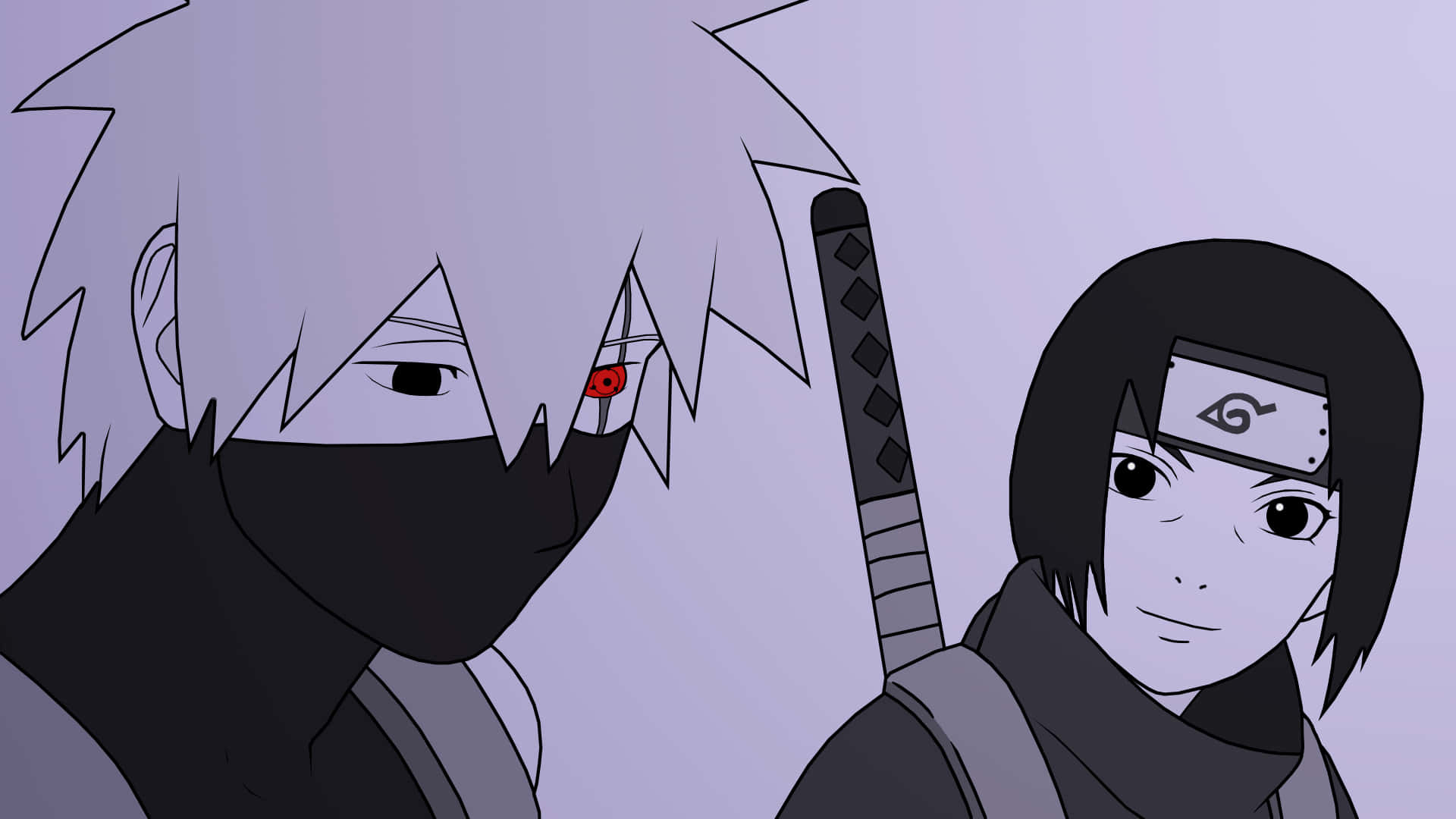 Itachi Aesthetic Looking To The Right At Kakashi Hatake With Sharing Eyes Wallpaper