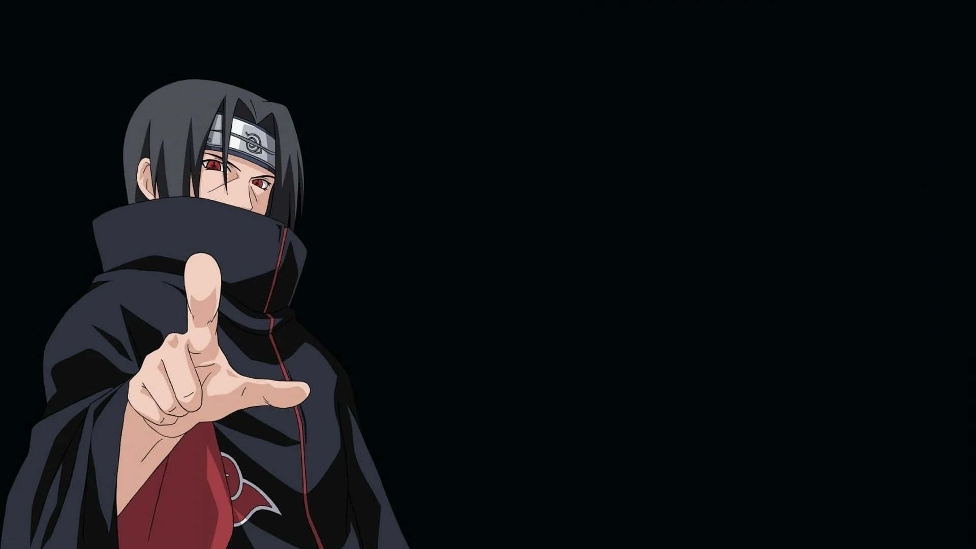 Itachi Aesthetic Pointing In Front With Index Finger In Black Background Wallpaper