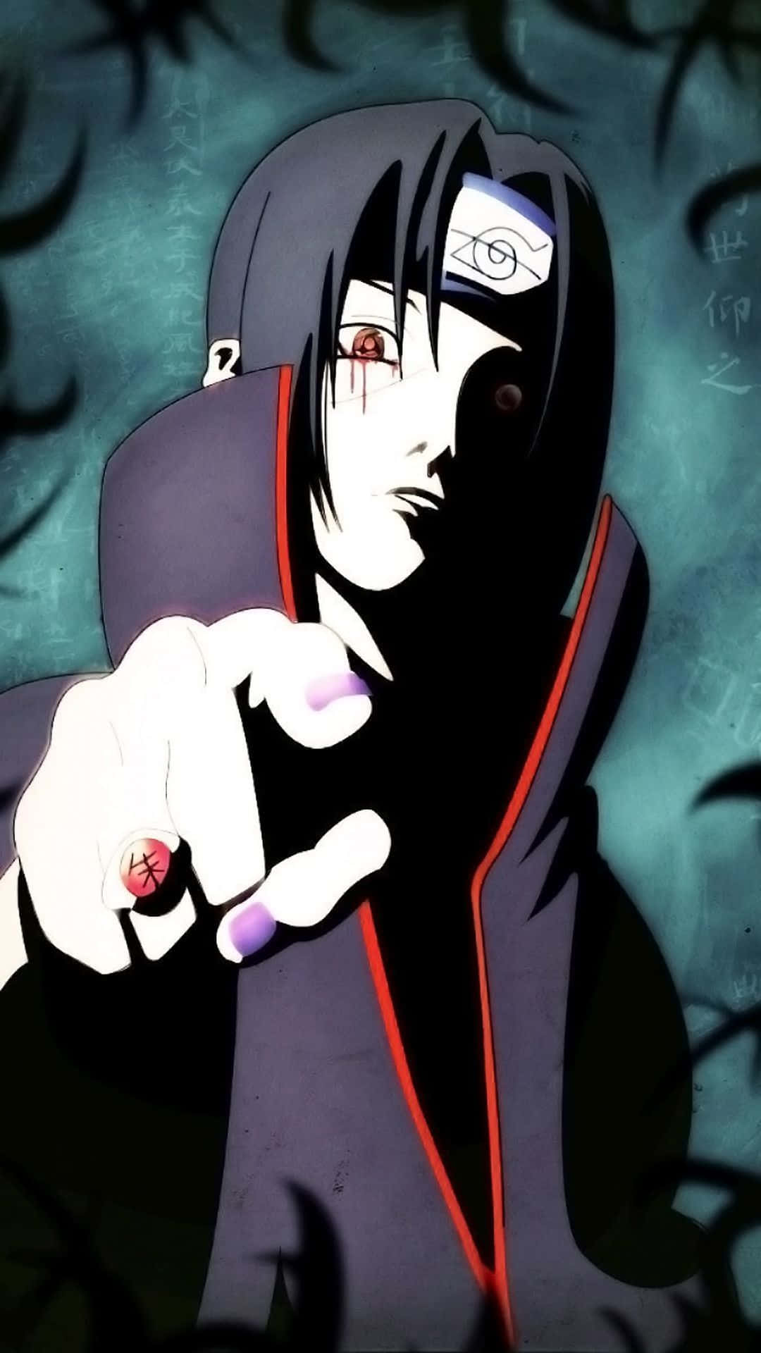 Itachi Aesthetic Pointing In Front With Sharingan Eyes And Uchiha Headband Wallpaper