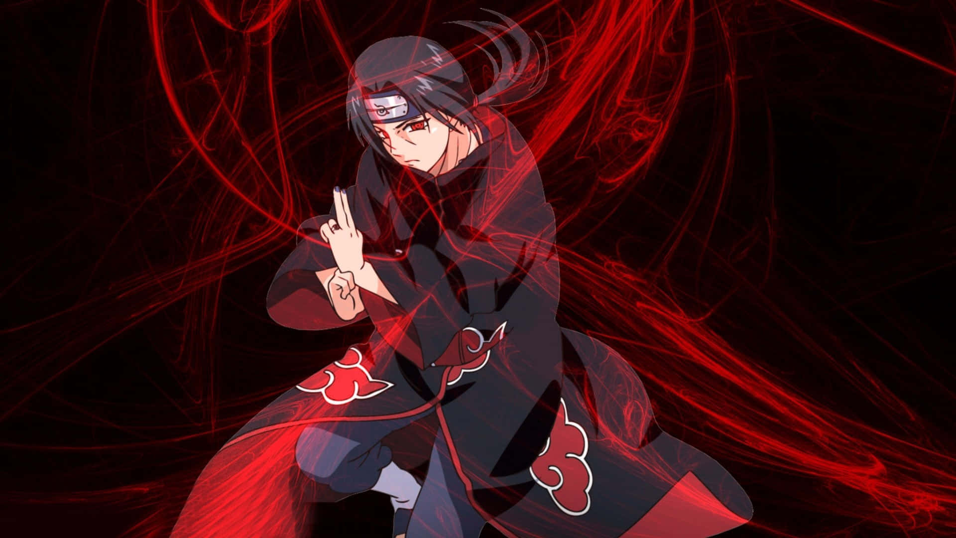 Itachi Aesthetic Posing With Jutsu Style In Black And Red Background. Wallpaper