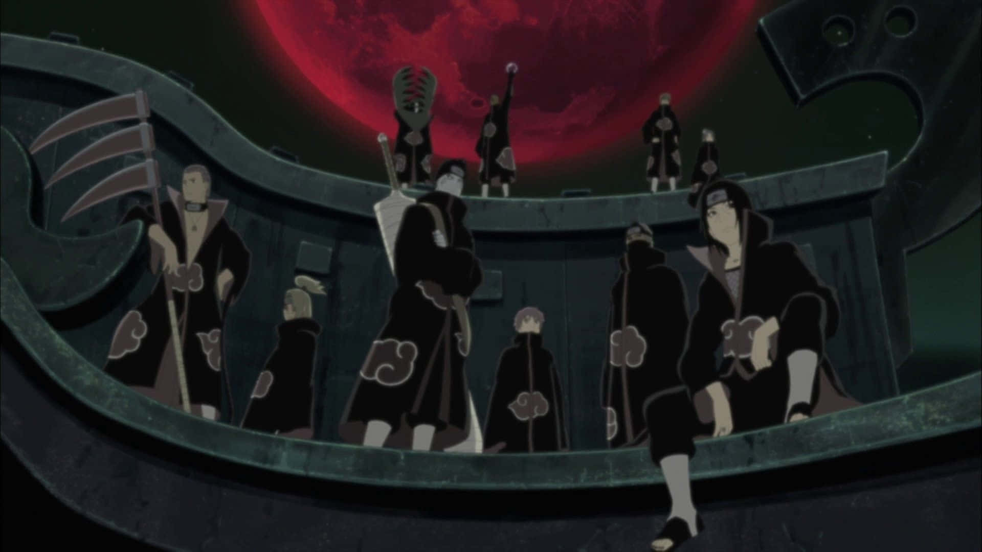 Itachi Aesthetic Sitting Down With Akatsuki Members Under Big Red Moon Wallpaper