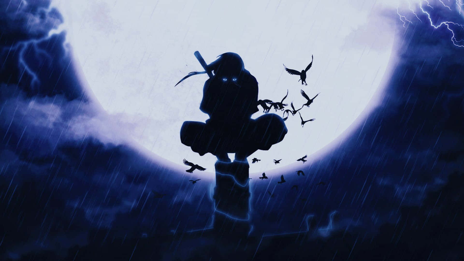 Itachi Aesthetic Sitting On Tall Stone With Crows Flying Around Wallpaper