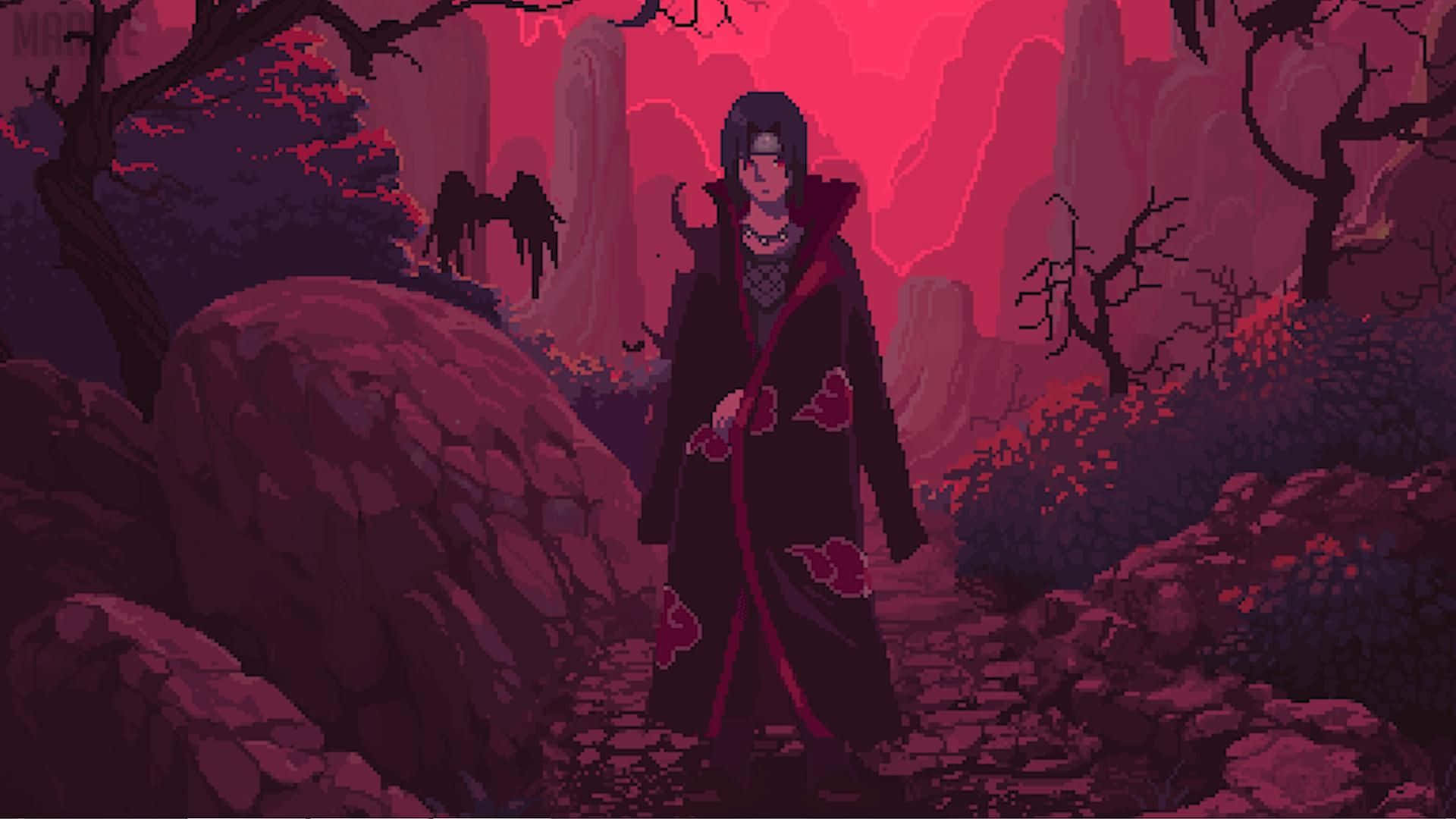 Itachi Aesthetic Wearing Akastuki Cloud Robe Standing In The Middle Of Forest Wallpaper