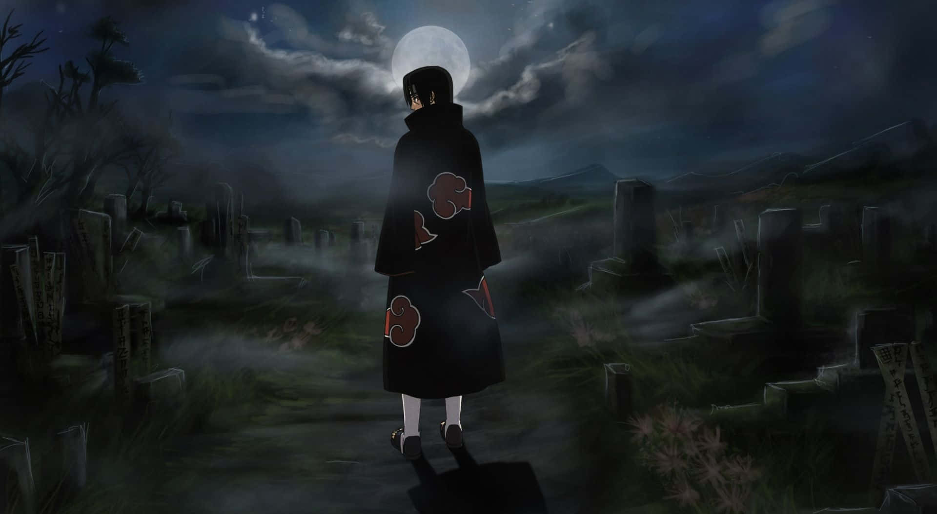 Itachi Aesthetic Wearing Akatsuki Cloud Robe Walking In Graveyard Under Moon Night Wallpaper