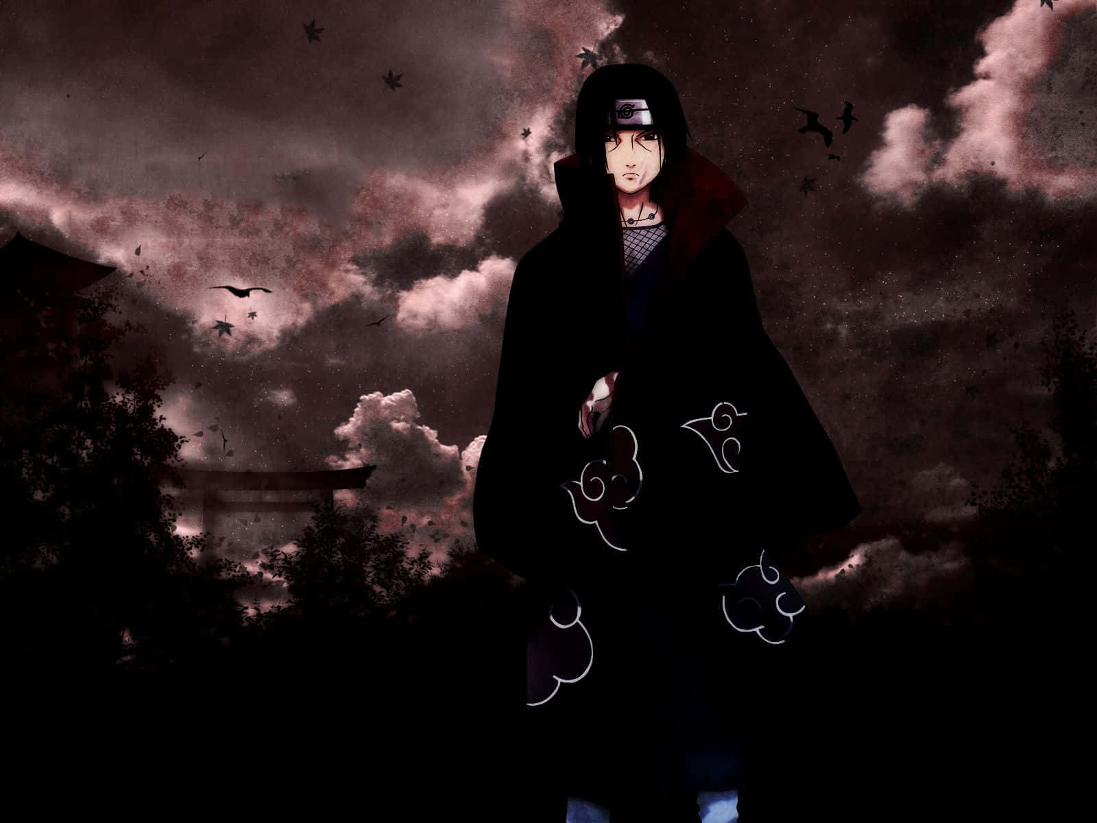 Itachi Aesthetic Wearing Akatsuki Cloud Robe With Crows Flying In Dark Clouds. Wallpaper