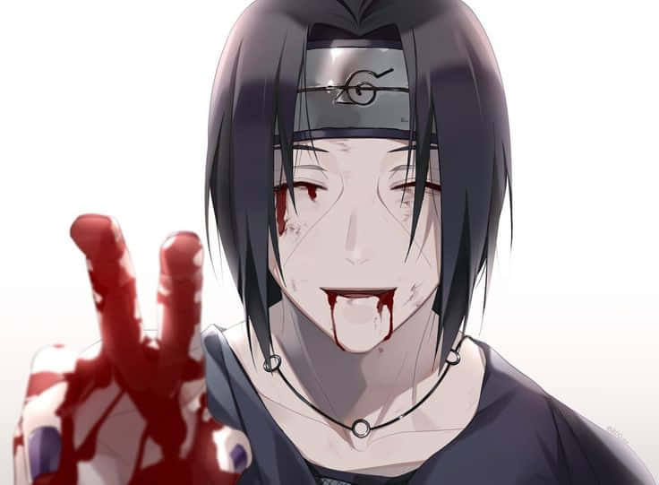 Itachi Aesthetic With Bloody Mouth And Fingers In Peace Sign Background