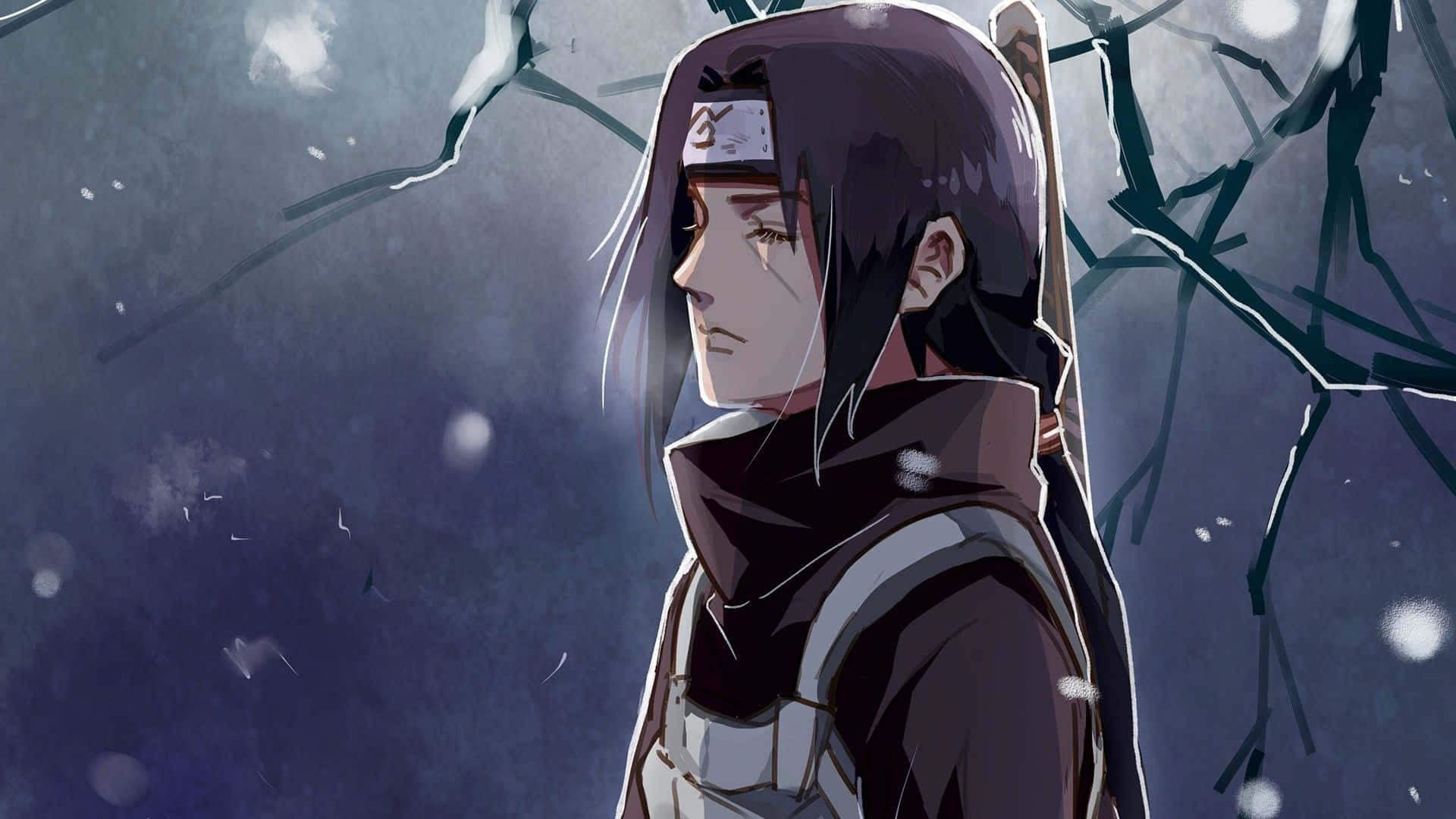 Itachi Aesthetic With Eyes Closed And Winter Snow Falling Wallpaper