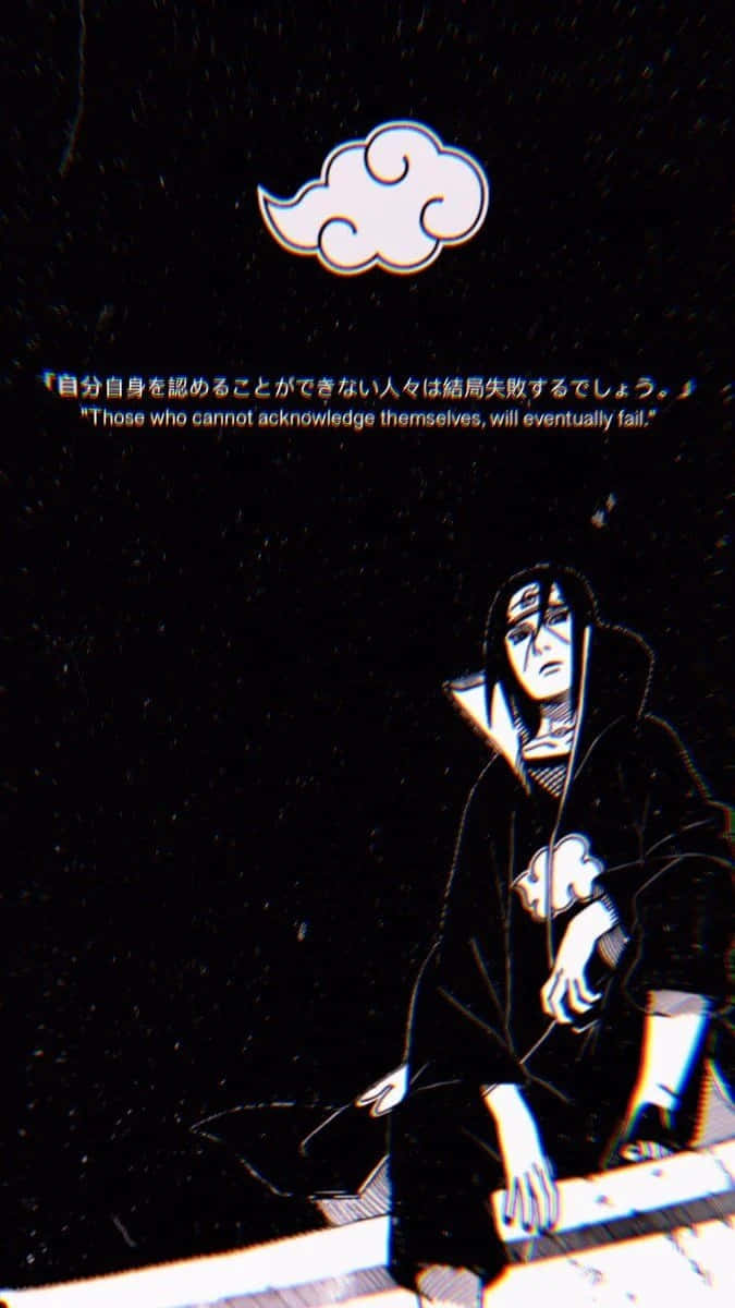 Itachi Aesthetic With One Leg Up With Quotes Under Akatsuki Cloud Wallpaper