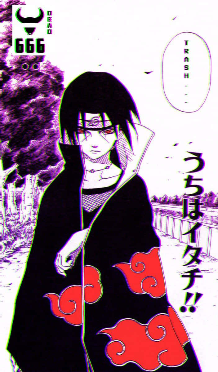 Itachi Aesthetic With Sharingan Eyes And Hand Sticking Out Of Akatsuki Cloud Robe Wallpaper
