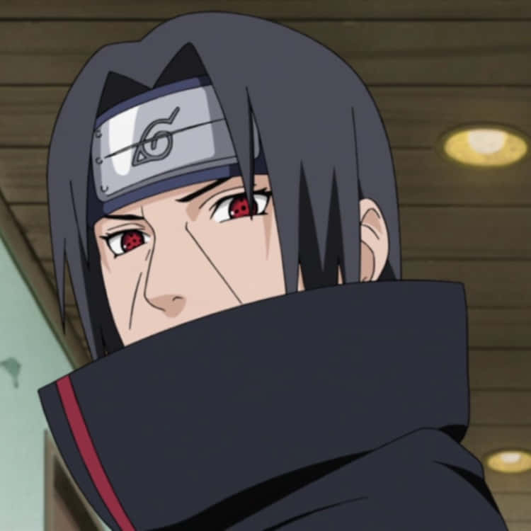 Itachi Aesthetic With Sharingan Eyes Covered Mouth With Akatsuki Robe Wallpaper