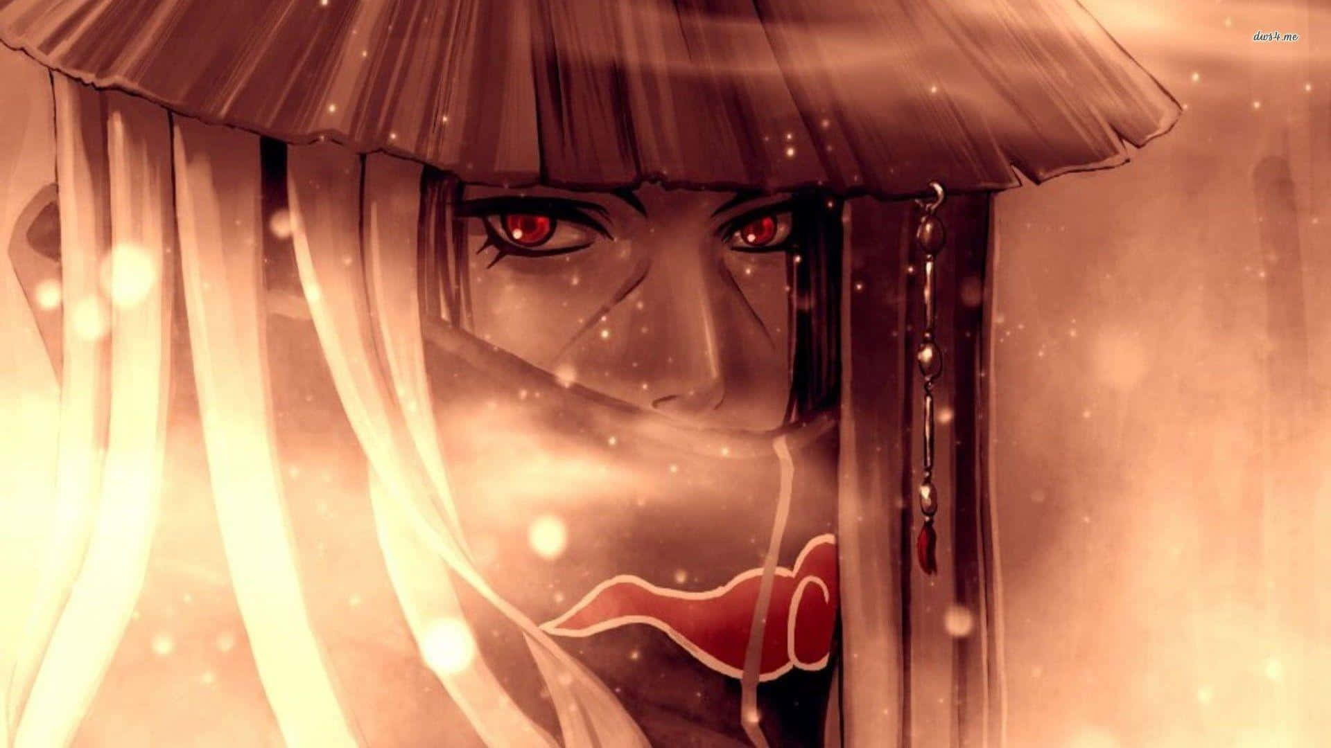 Itachi Aesthetic With Sharingan Eyes Wearing Conical Straw Hat With Gold Effect Wallpaper