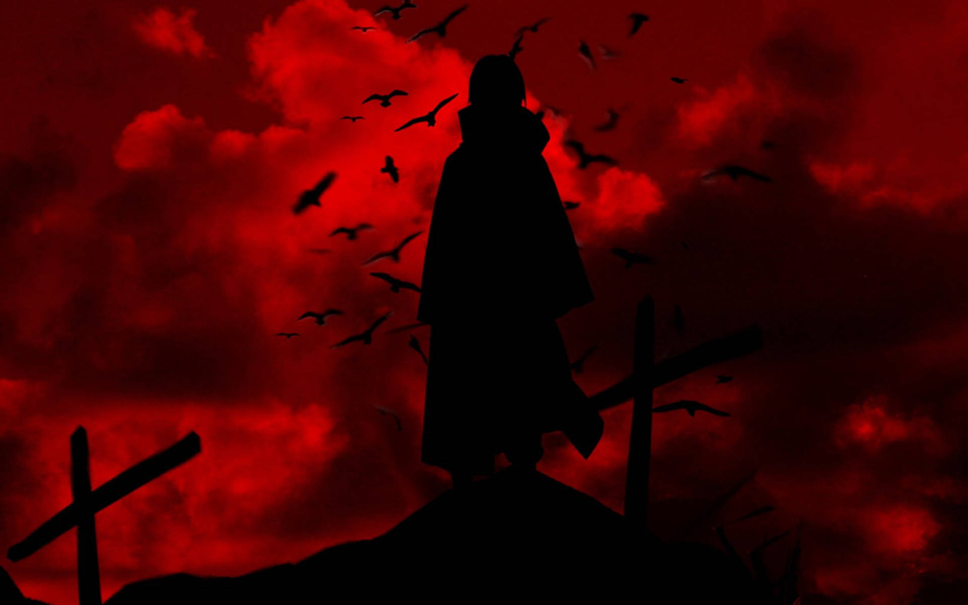 Itachi Black Silhouette On Red Background Wallpaper