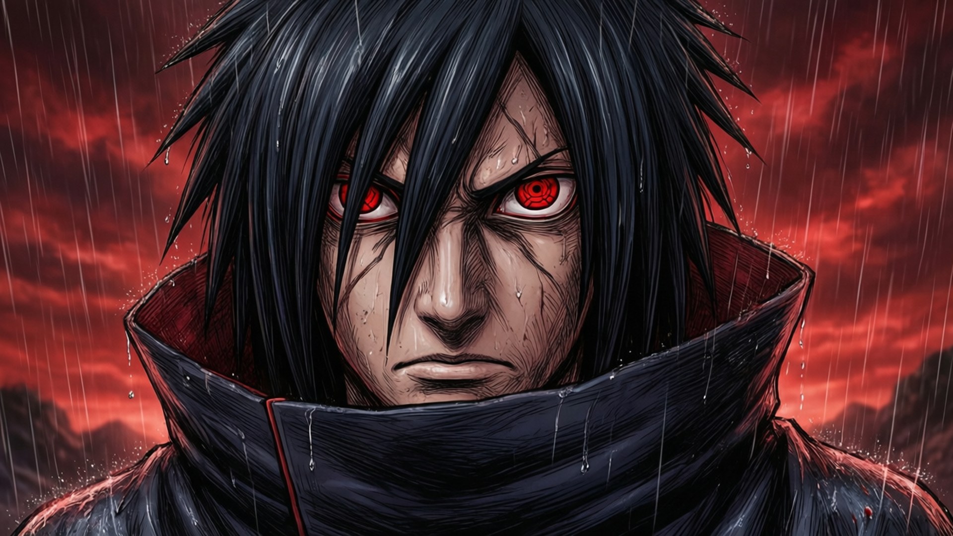 Itachi Uchiha med glødende røde Sharingan-øjne i regnen.
