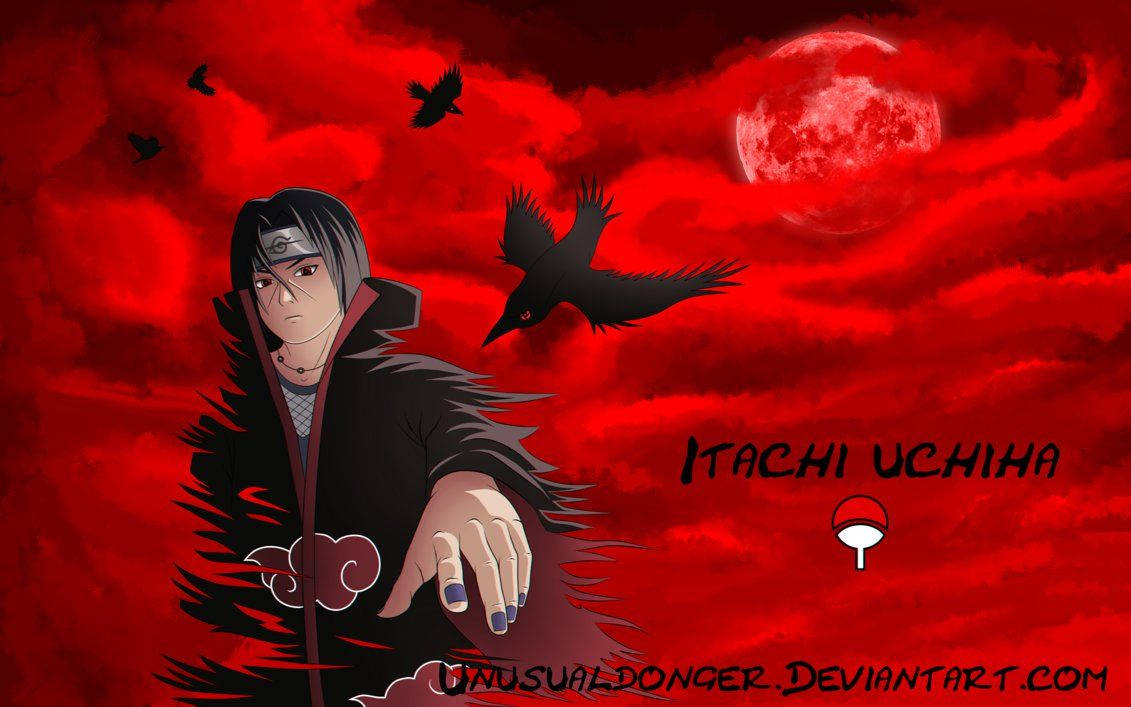 Itachi Uchiha flying over red clouds of Konoha Wallpaper