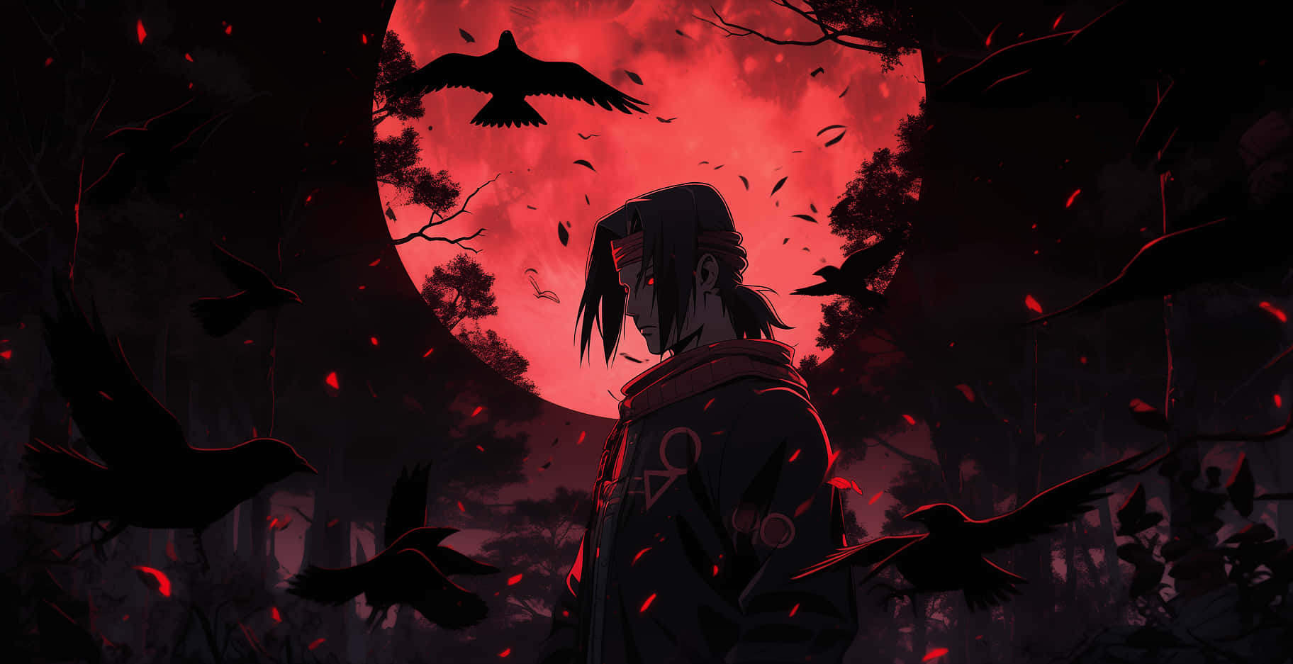 Itachi Uchiha Rode Maan Kraaien Achtergrond